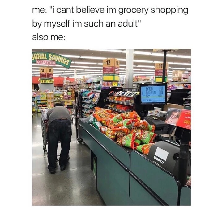 memes - cant believe im grocery shopping by myself - me "i cant believe im grocery shopping by myself im such an adult" also me Oral Savings Guaranteed Bd