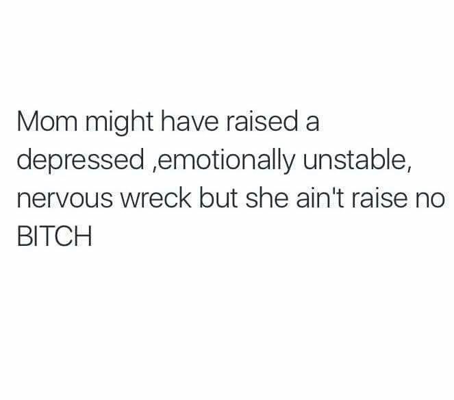 memes - drunk me memes - Mom might have raised a depressed, emotionally unstable, nervous wreck but she ain't raise no Bitch