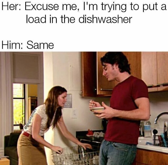 man making joke about his wife being a dishwasher he wants to drop a load into