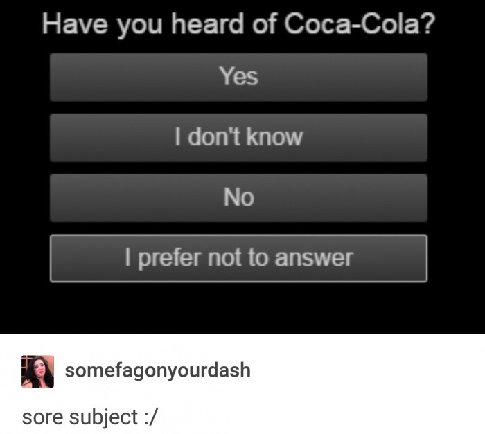 multimedia - Have you heard of CocaCola? Yes I don't know No I prefer not to answer somefagonyourdash sore subject