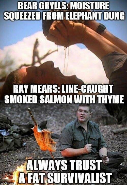 bear grylls vs ray mears - Bear Grylls Moisture Squeezed From Elephant Dung Ray Mears LineCaught Smoked Salmon With Thyme Always Trust A Fatsurvivalist imgflip.com