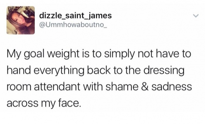 quotes - dizzle_saint_james My goal weight is to simply not have to hand everything back to the dressing room attendant with shame & sadness across my face.