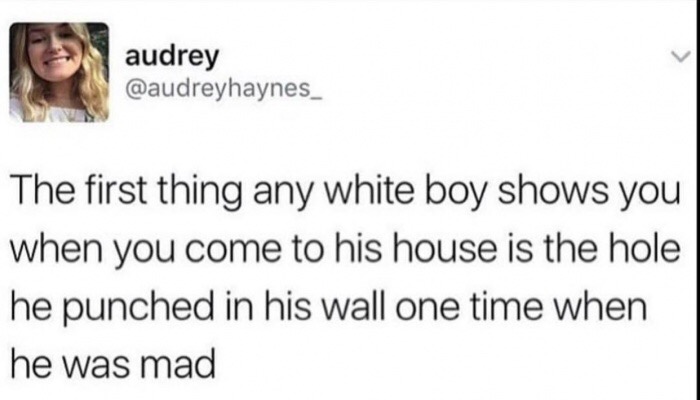 memes - every white boy shows you the wall he punched - audrey The first thing any white boy shows you when you come to his house is the hole he punched in his wall one time when he was mad