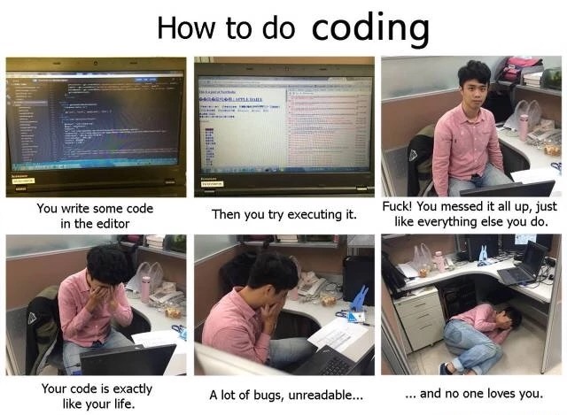 memes - do coding - How to do coding You write some code in the editor Then you try executing it. Fuck! You messed it all up, just everything else you do. Your code is exactly your life. A lot of bugs, unreadable... ... and no one loves you.