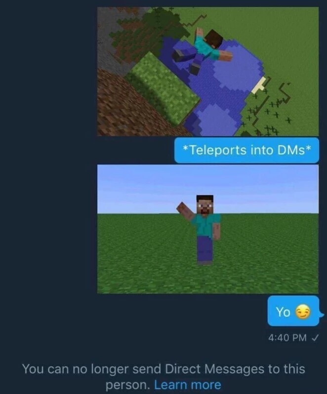 minecraft memes - Teleports into DMs Yo You can no longer send Direct Messages to this person. Learn more