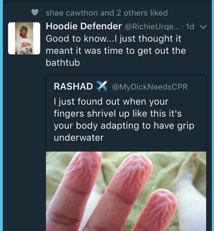 material - shae cawthon and 2 others d Hoodie Defender ... . 1d v Good to know...I just thought it meant it was time to get out the bathtub Rashad I just found out when your fingers shrivel up this it's your body adapting to have grip underwater