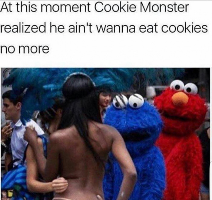 cookie monster meme - At this moment Cookie Monster realized he ain't wanna eat cookies no more