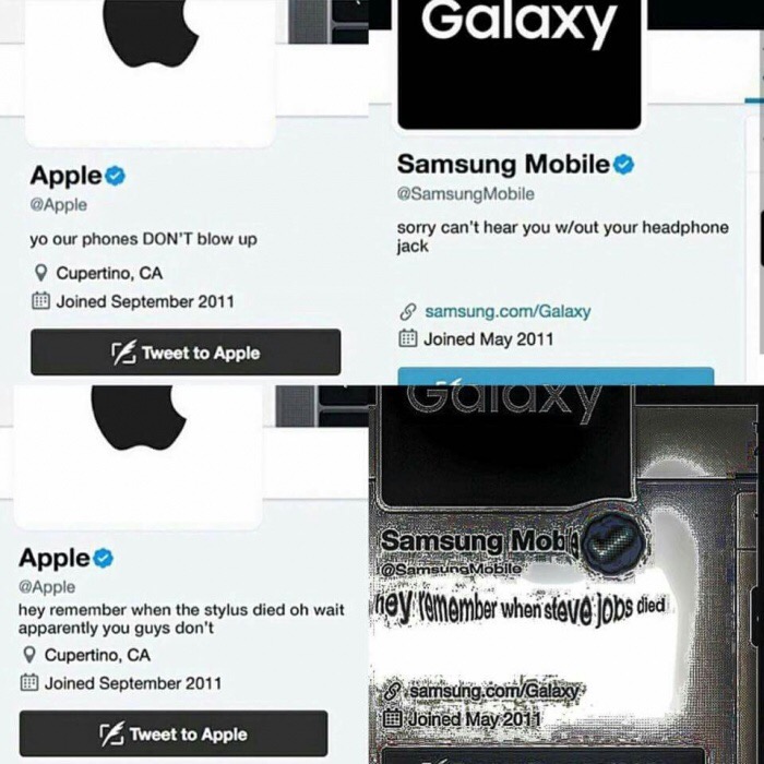 apple vs samsung meme - Galaxy Apple yo our phones Don'T blow up Cupertino, Ca de Joined Samsung Mobile Mobile sorry can't hear you wout your headphone jack samsung.comGalaxy Joined Tweet to Apple Galaxy Samsung Mobila hey remember when stevo jobs died Sa