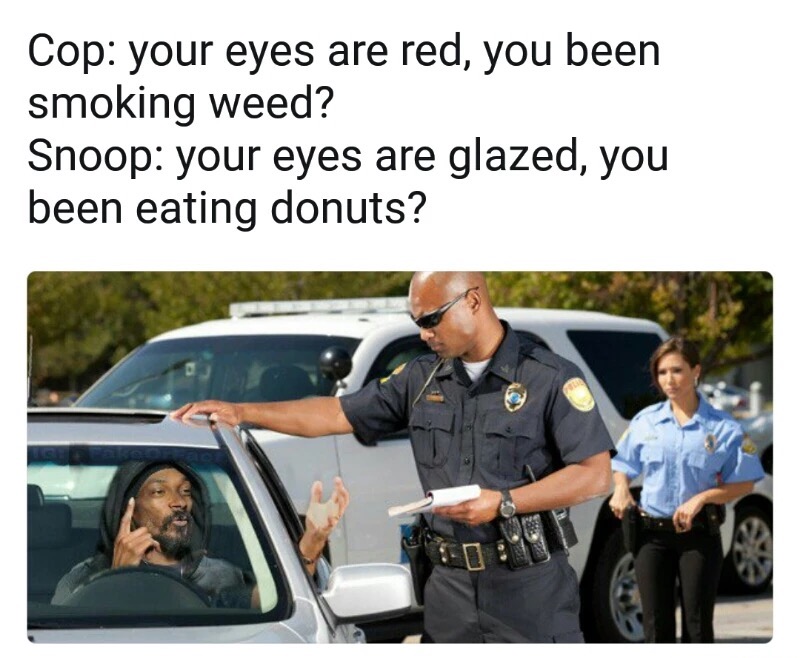 police traffic stop - Cop your eyes are red, you been smoking weed? Snoop your eyes are glazed, you been eating donuts?