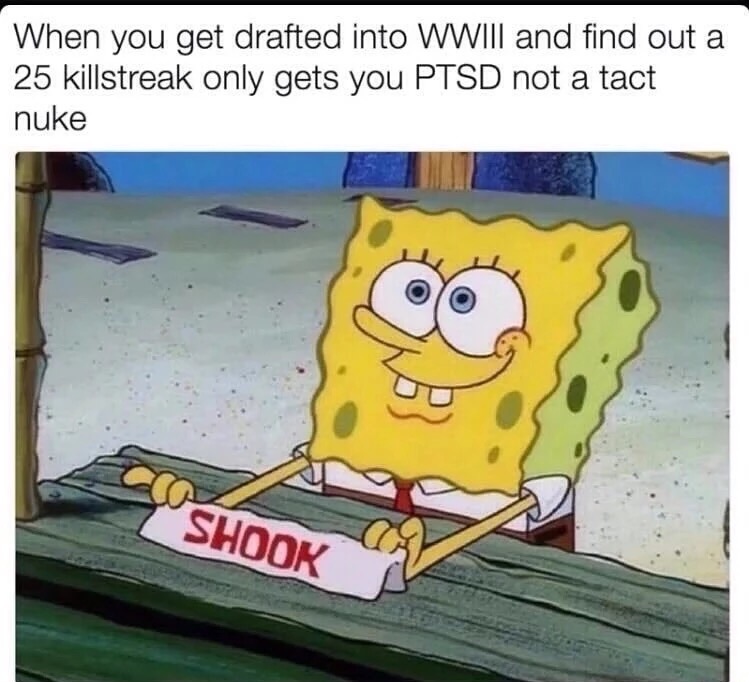 sassy spongebob - When you get drafted into Wwiii and find out a 25 killstreak only gets you Ptsd not a tact nuke Shook
