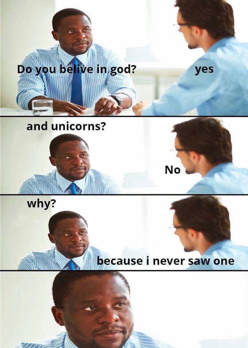 do you believe in god and unicorns meme - Do you belive in god? yes and unicorns? why? because i never saw one
