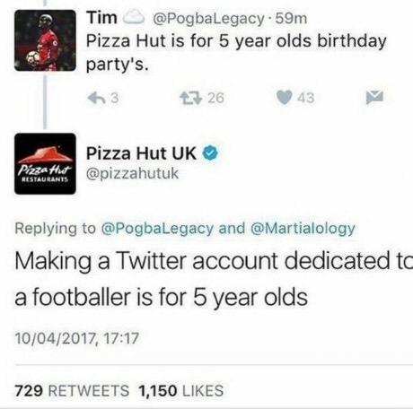 multimedia - Tim . 59m Pizza Hut is for 5 year olds birthday party's. 17 26 43 63 Pizza Hut Uk Pizza Hut Restaurants and Making a Twitter account dedicated to a footballer is for 5 year olds 10042017, 729 1,150