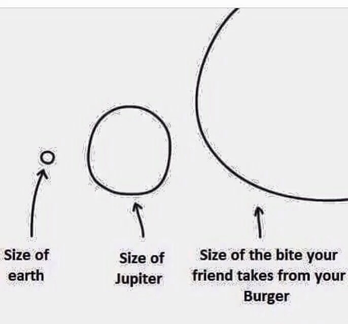 memes - size of your friends bite - Size of earth Size of Jupiter Size of the bite your friend takes from your Burger