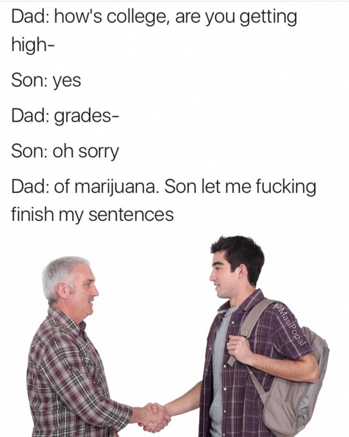 two casusl guys shaking hands - Dad how's college, are you getting high Son yes Dad grades Son oh sorry Dad of marijuana. Son let me fucking finish my sentences
