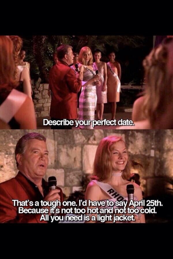 perfect date april 25 - Describe your perfect date. That's a tough one. I'd have to say April 25th. Because it's not too hot and not too cold. All you need is a light jacket.