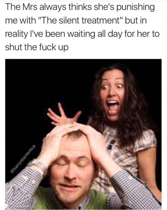meme - photo caption - The Mrs always thinks she's punishing me with "The silent treatment" but in reality I've been waiting all day for her to shut the fuck up