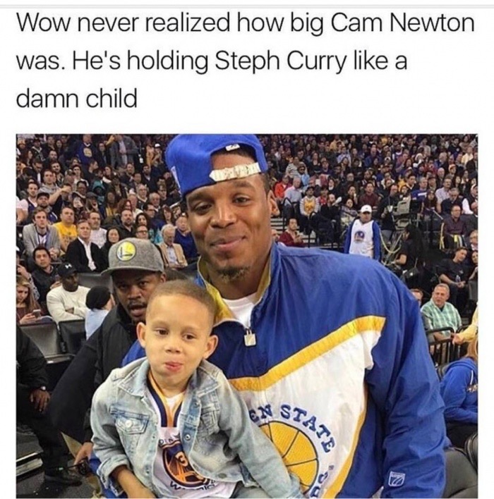 meme - marshawn lynch cam newton - Wow never realized how big Cam Newton was. He's holding Steph Curry a damn child Nst Stats
