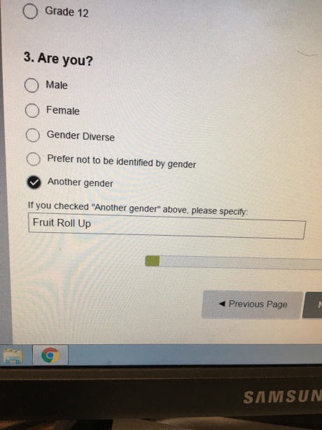 meme - software - O Grade 12 3. Are you? Male Female O Gender Diverse Prefer not to be identified by gender Another gender If you checked "Another gender above, please specify Fruit Roll Up