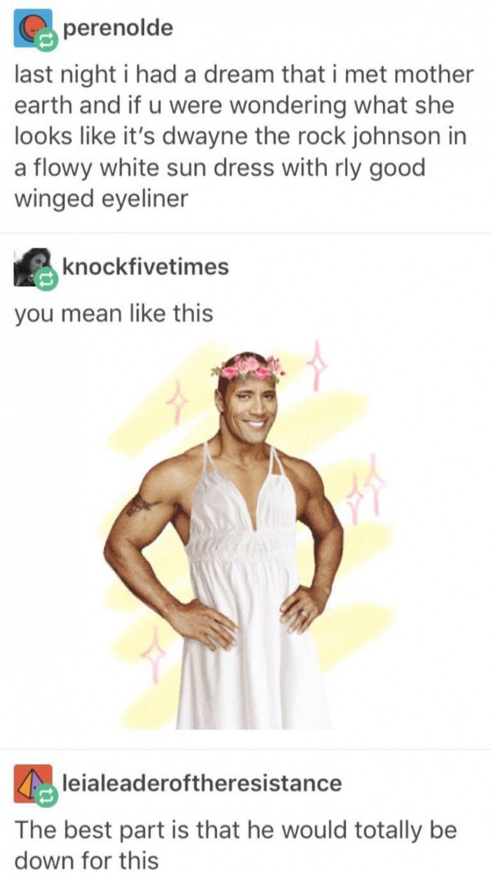 meme - dwayne johnson mother nature - perenolde last night i had a dream that i met mother earth and if u were wondering what she looks it's dwayne the rock johnson in a flowy white sun dress with rly good winged eyeliner knockfivetimes you mean this leia