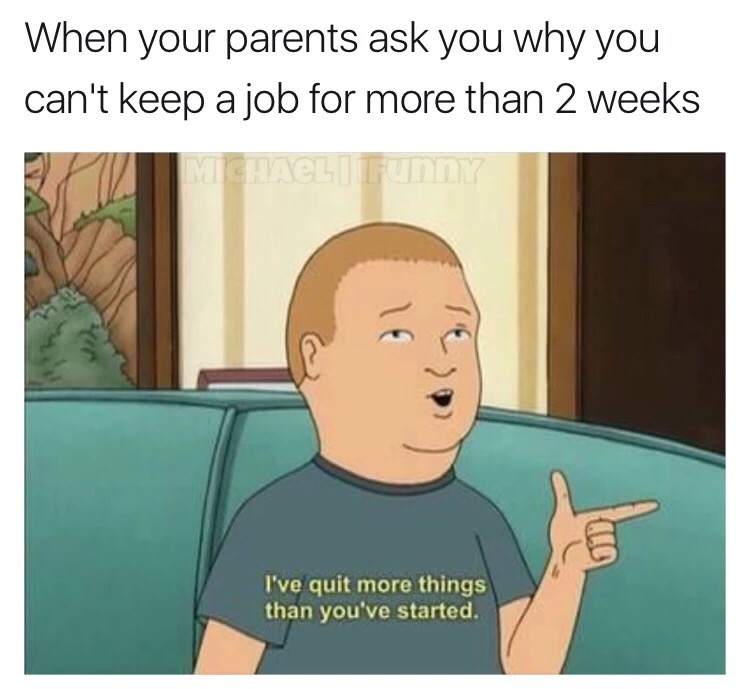 meme - you can t keep a job meme - When your parents ask you why you can't keep a job for more than 2 weeks Ael I've quit more things than you've started.