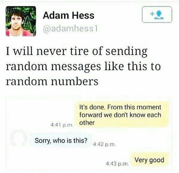 memes - text prank on crush gone right - Adam Hess 1 I will never tire of sending random messages this to random numbers It's done. From this moment forward we don't know each p. m other Sorry, who is this? 4.42 p.m. p.m. very good Very good