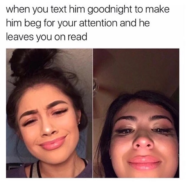 memes - he leaves you on read meme - when you text him goodnight to make him beg for your attention and he leaves you on read