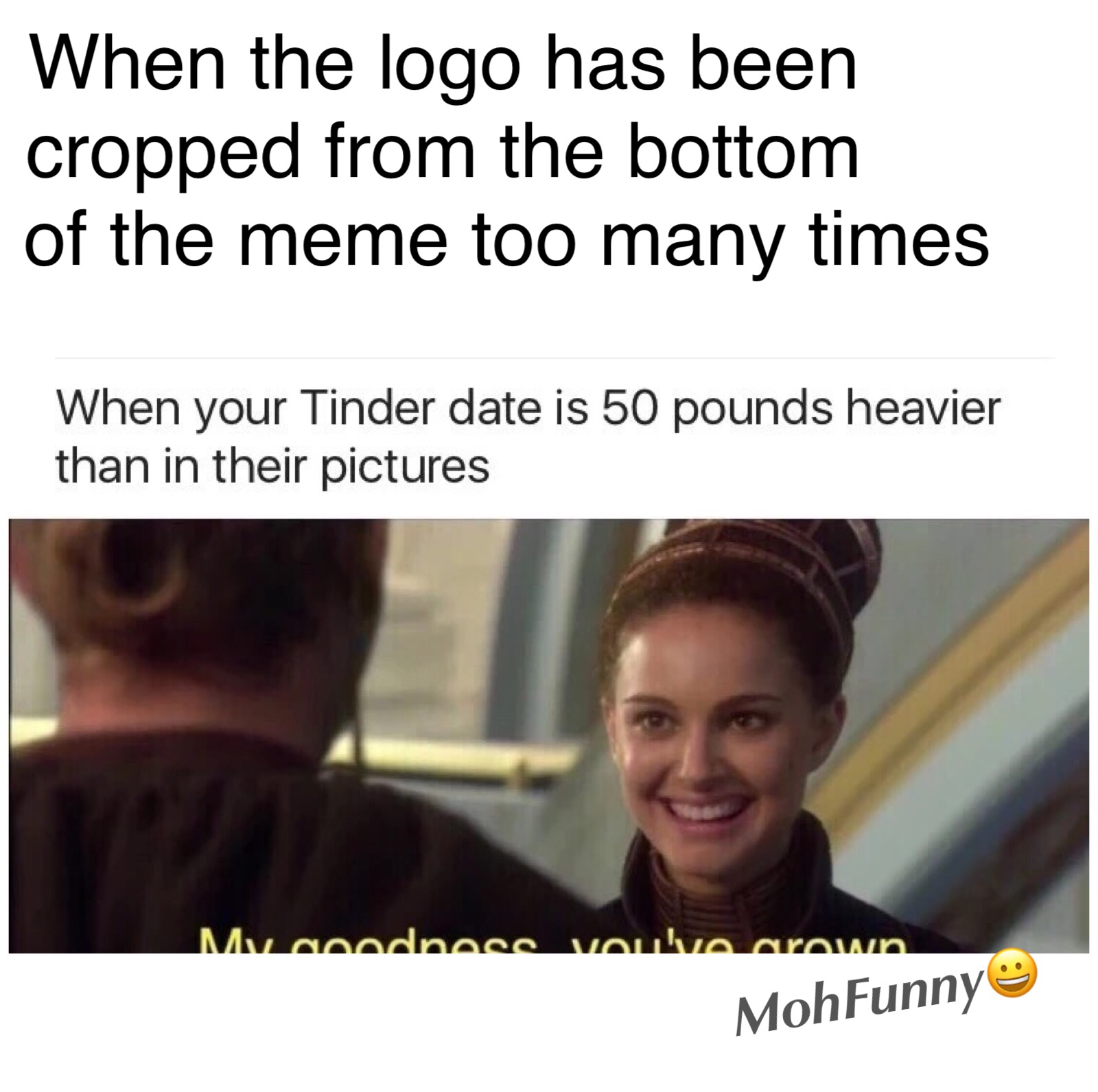 memes - my goodness you ve grown - When the logo has been cropped from the bottom of the meme too many times When your Tinder date is 50 pounds heavier than in their pictures M MohFunny