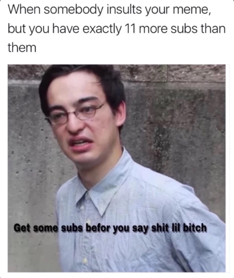 memes - guy that looks stupid - When somebody insults your meme, but you have exactly 11 more subs than them Get some subs befor you say shit lit bitch
