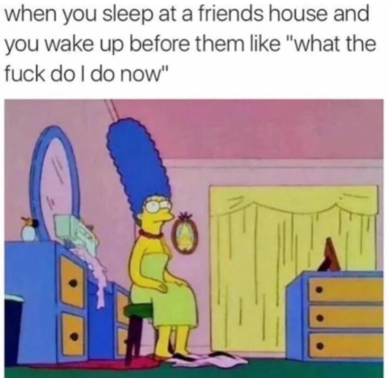 memes - wake up at a friend's house - when you sleep at a friends house and you wake up before them "what the fuck do I do now"
