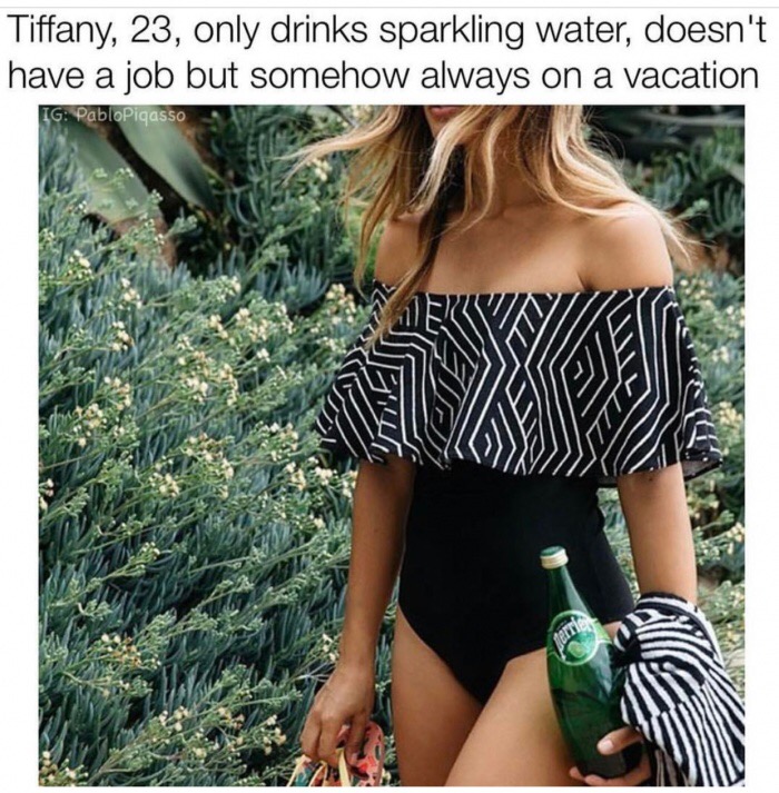 memes - sugar daddy wants sugar meme - Tiffany, 23, only drinks sparkling water, doesn't have a job but somehow always on a vacation Ig PabloPiqasso