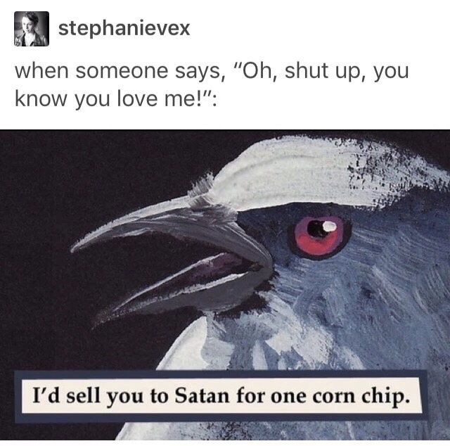 memes - mincing mockingbird guide to troubled birds - stephanievex when someone says, "Oh, shut up, you know you love me!" I'd sell you to Satan for one corn chip.
