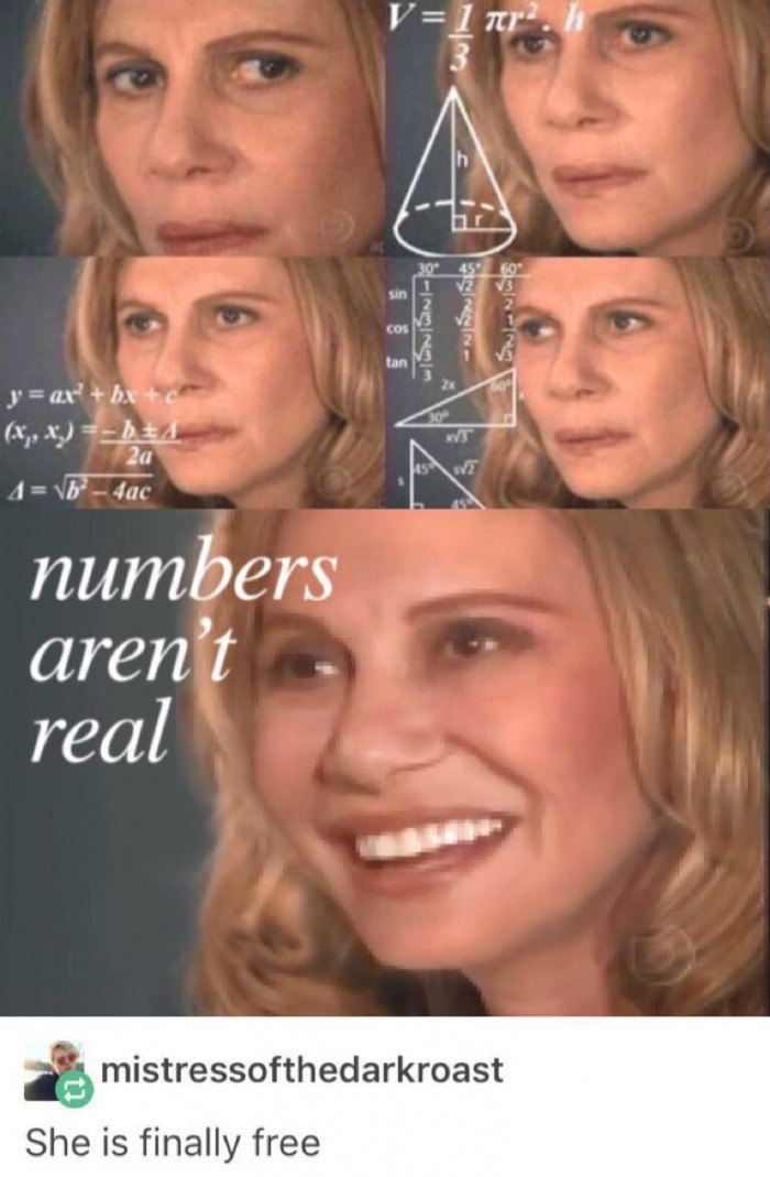 memes - numbers that aren t real numbers - 2 wisman18 Swienius y ax' bx c x,x b3A 4Vb4ac 2a numbers aren't real mistressofthedarkroast She is finally free