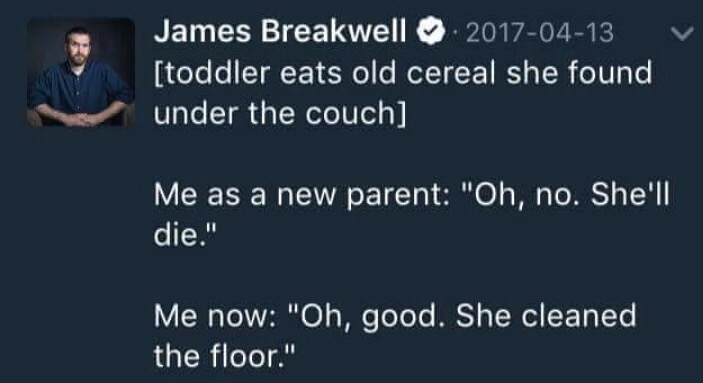memes - presentation - James Breakwell. toddler eats old cereal she found under the couch Me as a new parent "Oh, no. She'll die." Me now "Oh, good. She cleaned the floor."