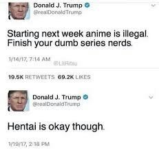memes - anime is illegal tweet - Donald J. Trump realDonald Trump Starting next week anime is illegal. Finish your dumb series nerds. 11417, Donald J. Trump Trump Hentai is okay though. 11917,