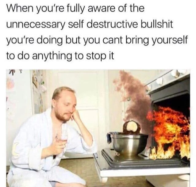 self destructive memes - When you're fully aware of the unnecessary self destructive bullshit you're doing but you cant bring yourself to do anything to stop it