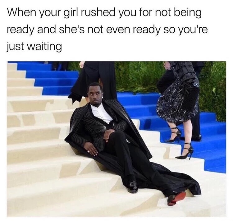 diddy laying down at met gala - When your girl rushed you for not being ready and she's not even ready so you're just waiting
