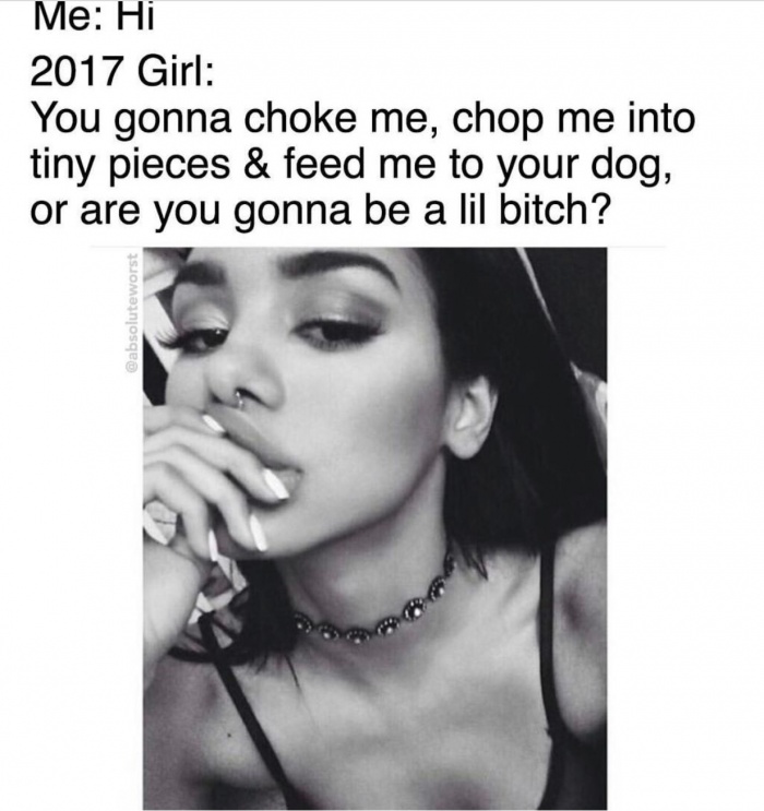 memes - beauty - Me Hi 2017 Girl You gonna choke me, chop me into tiny pieces & feed me to your dog, or are you gonna be a lil bitch?