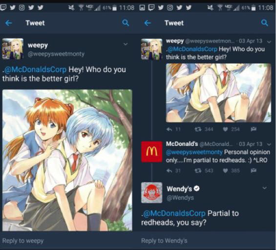 memes - anime - 46 61% Dyoyy f Tweet 614 Q Dyovy Tweet weepy weepy . 03 Apr 13 . Hey! Who do you think is the better girl? Hey! Who do you think is the better girl? 11 3 344 2 54 McDonald's 03 Apr 13 Personal opinion only....I'm partial to redheads. "Lro 