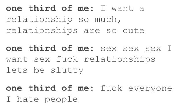 memes - number - one third of me I want a relationship so much, relationships are so cute one third of me sex sex sex I want sex fuck relationships lets be slutty one third of me fuck everyone I hate people