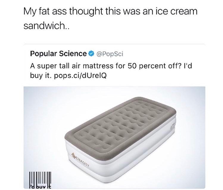 memes - my fat ass thought these were memes - My fat ass thought this was an ice cream sandwich.. Popular Science A super tall air mattress for 50 percent off? I'd buy it. pops.cidUreIQ l'd buy It