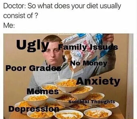 memes - dish - Doctor So what does your diet usually consist of ? Me Ugly Family Issues Poor Gradec No Money Anxiety Memes suicidal Thoughts Depression