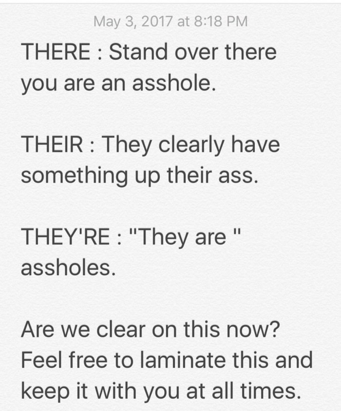 memes - handwriting - at There Stand over there you are an asshole. Their They clearly have something up their ass. They'Re "They are " assholes. Are we clear on this now? Feel free to laminate this and keep it with you at all times.