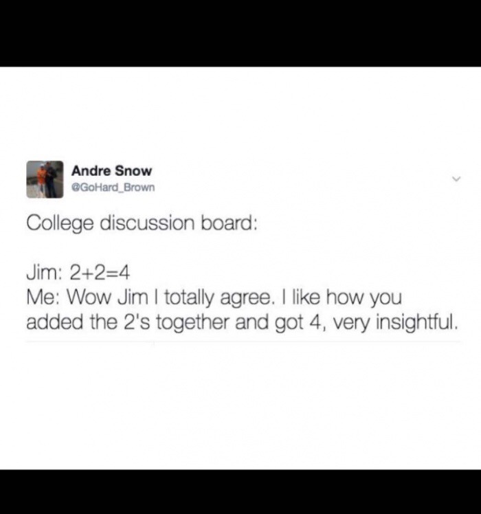 memes - college discussion board meme - Andre Snow College discussion board Jim 224 Me Wow Jim I totally agree. I how you added the 2's together and got 4, very insightful.