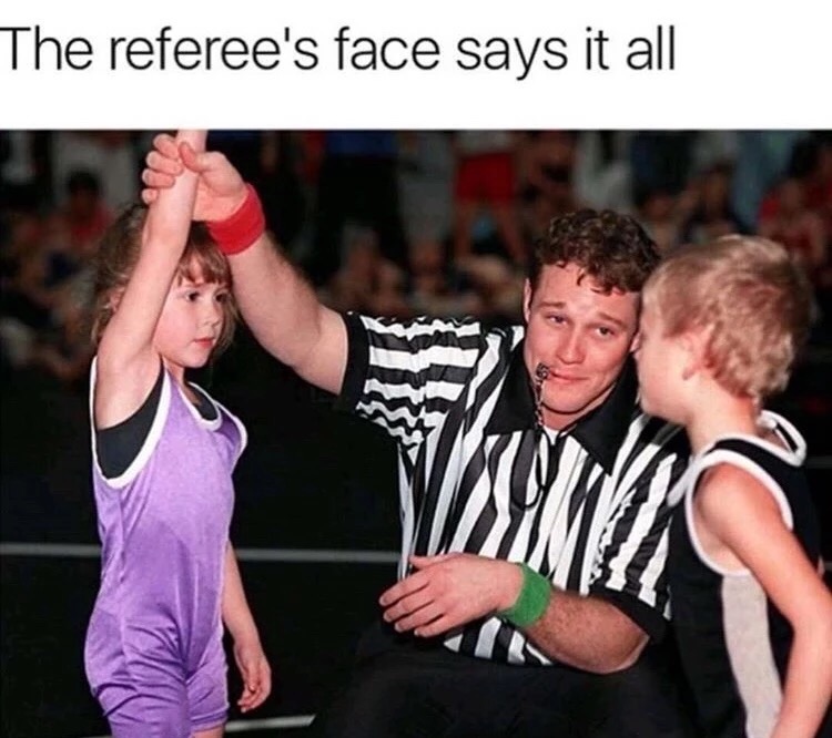 meme - little girl beating up little boy - The referee's face says it all