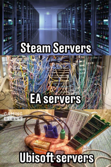 memes - ubisoft servers meme - Steam Servers Ea servers Gaming Bible Partner Ker Avaya Gigabyte Ubisoftservers