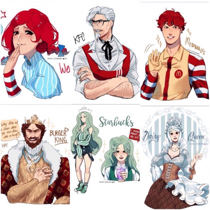 memes - restaurant anime characters - Kfc Mcdonald'S BemOmia Starbucks Why dire w chin when y con din with a king or Dairy le I Made Burga . Wy?? King Juecil Hal