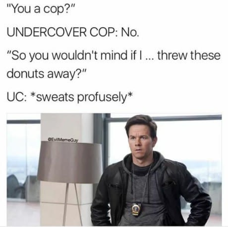 memes - mark wahlberg cop - "You a cop?" Undercover Cop No. "So you wouldn't mind if I ... threw these donuts away?" Uc sweats profusely GEVi Meme Guy