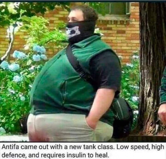 memes - antifa funny - Antifa came out with a new tank class. Low speed, high defence, and requires insulin to heal.