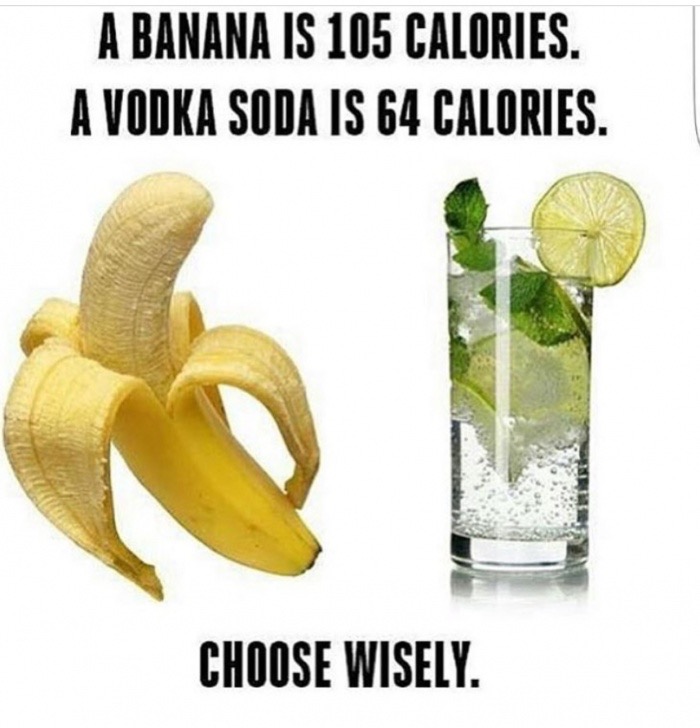 banana is 105 calories - A Banana Is 105 Calories. A Vodka Soda Is 64 Calories. Choose Wisely.