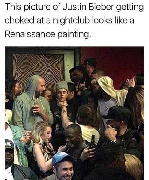 memes - justin bieber renaissance painting - This picture of Justin Bieber getting choked at a nightclub looks a Renaissance painting.
